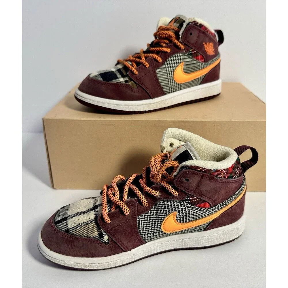 Nike Air Jordan 1 MidSE Plaid Night Maroon Orange Size 1Y KidsFD5461-608 Sneaker